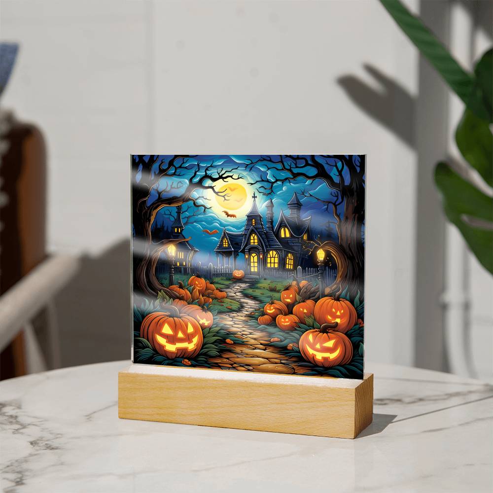 3D Lifelike Vibrant Halloween Painting of Lighted Pumpkins, Scarecrow, Haunted House, and Full Moon with Bats on Acrylic Deco with LED Lights