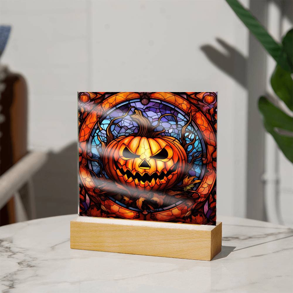 3D Lifelike Vibrant Halloween Painting of a Grinning Pumpkin Man Carrying a Lighted Pumpkin Lamp on Acrylic Deco with LED Lights