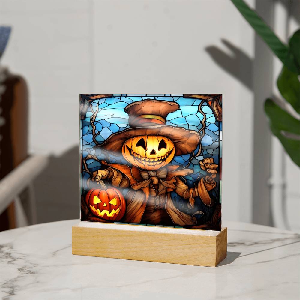 3D Lifelike Vibrant Halloween Painting of a Grinning Pumpkin Man Carrying a Lighted Pumpkin Lamp on Acrylic Deco with LED Lights