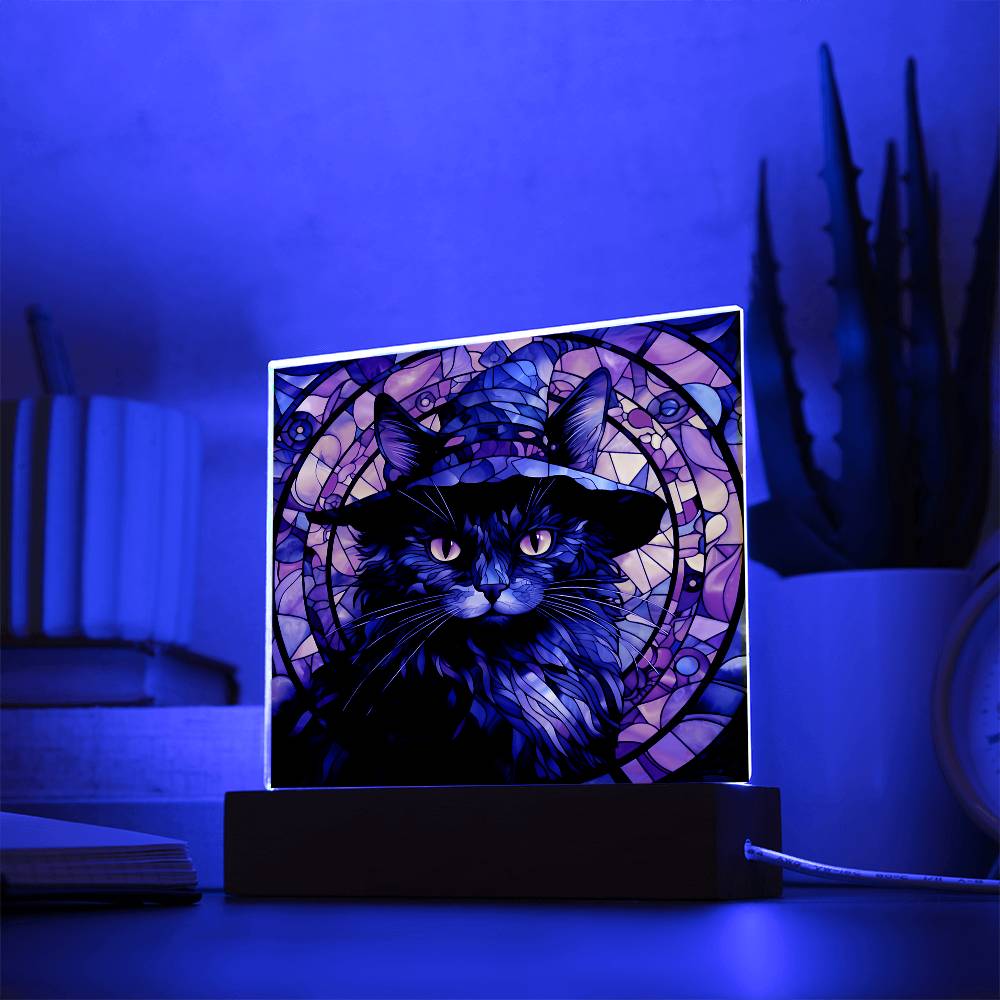 3D Lifelike Vibrant Halloween Painting of Black Cat Wearing a Witch Hat in a Stained Glass Window on Acrylic Deco with LED Lights